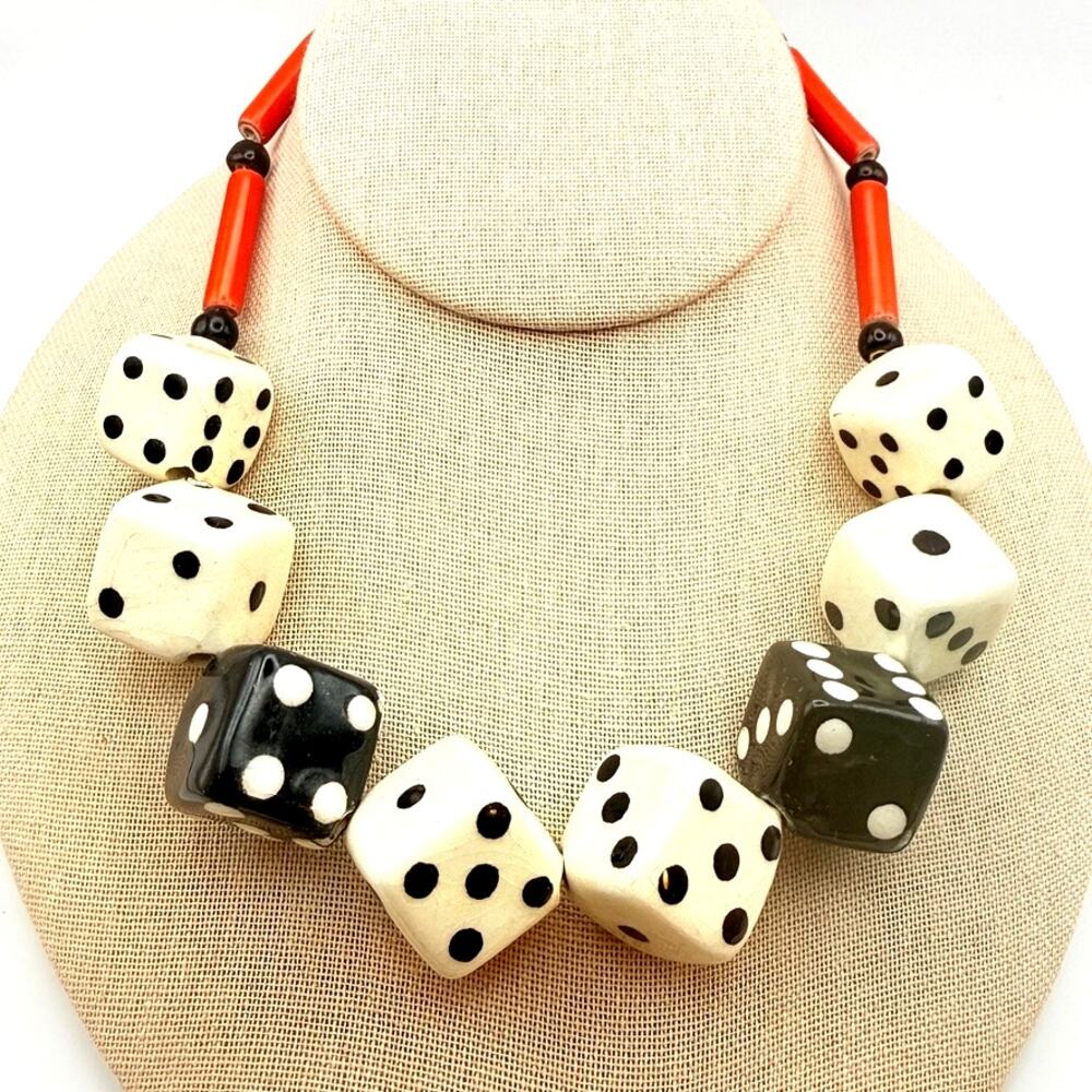 Vintage Parrot Pearls Ceramic Dice Necklace Artisan Black White Red Rare 16"
